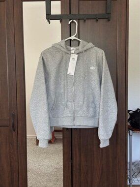 Alo Women's Gray Cotton Blend Tracksuit Hoodie L Zip Pockets